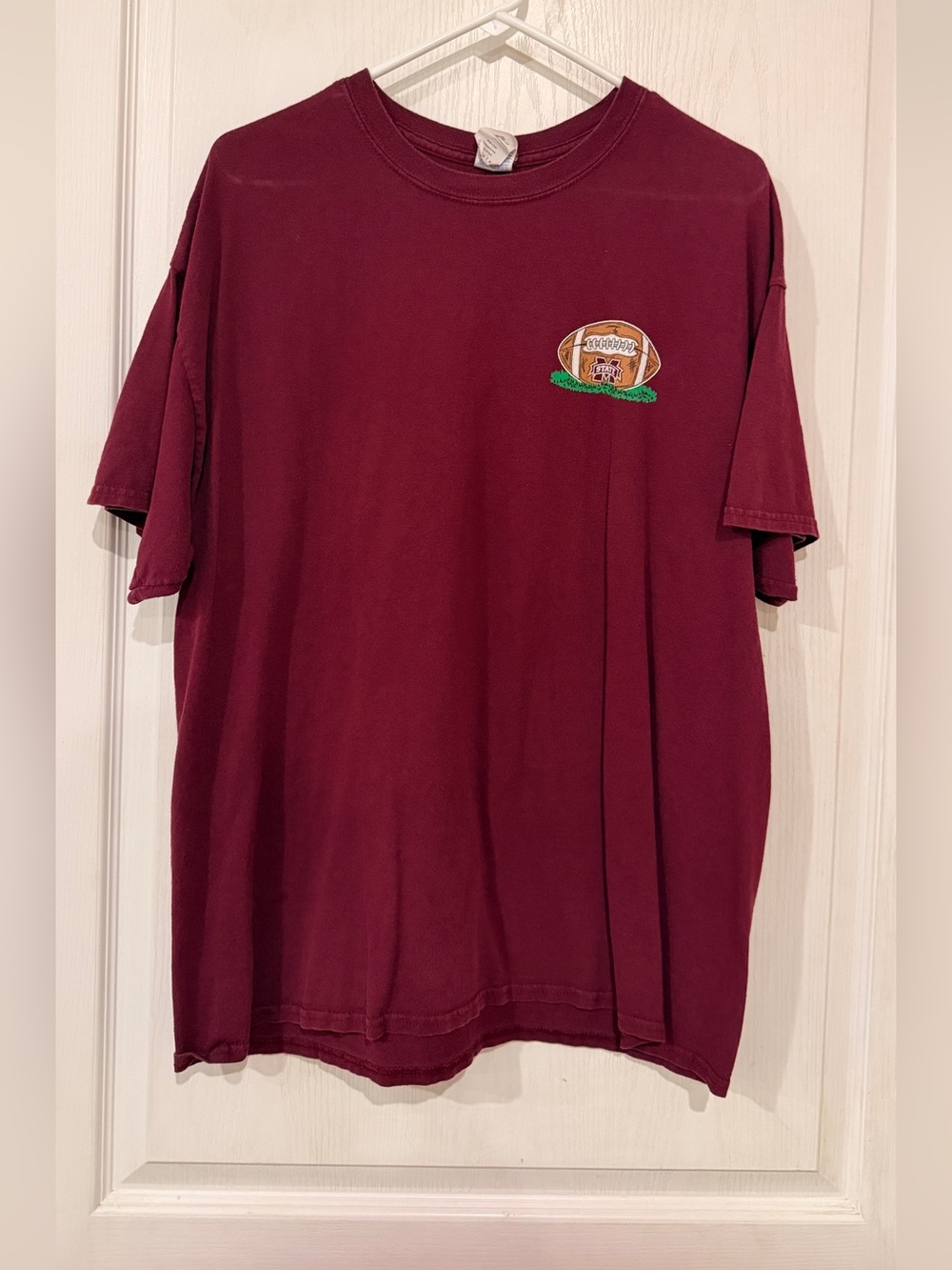 Women's Short-Sleeve Crewneck Tee in Burgundy with Football Patch
